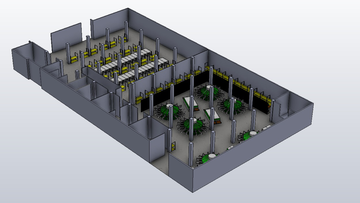 3D layout study — knitting hall with circular machines and mezzanine storage
