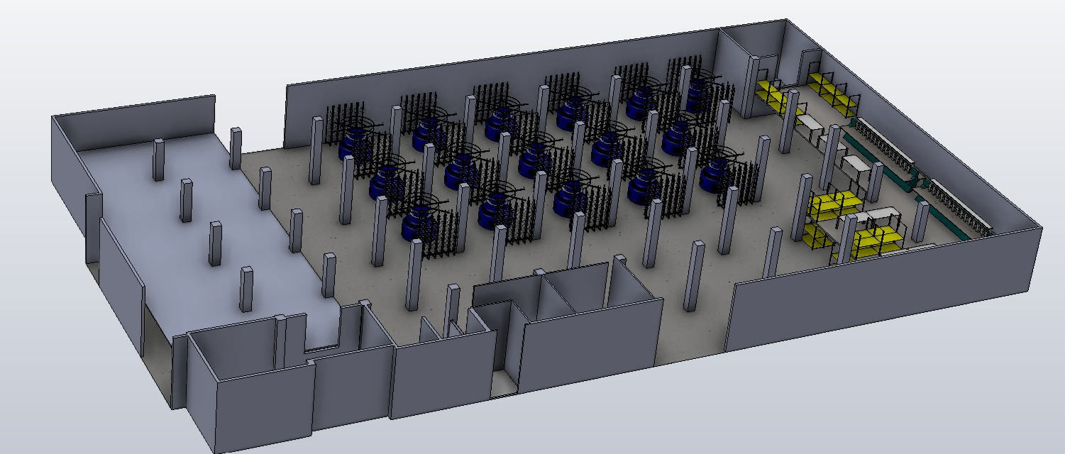 3D layout study — seamless production hall with finishing and racking zones